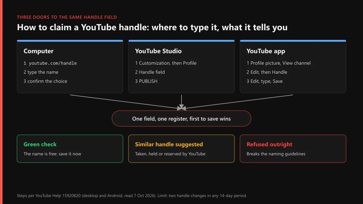 How to claim a YouTube handle: youtube.com/handle, YouTube Studio and the app all lead to one handle field