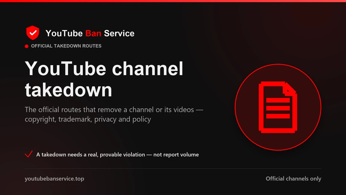 YouTube channel takedown routes: copyright, trademark, privacy and policy removals through official channels