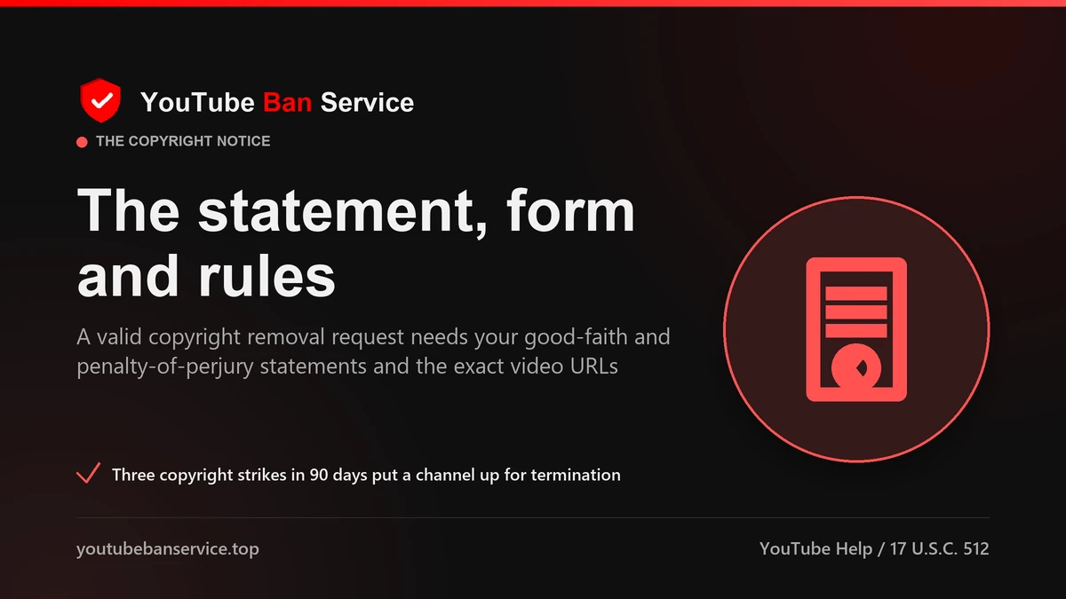 YouTube copyright infringement form, statement and rules: the sworn good-faith and penalty-of-perjury statements plus the exact video URLs