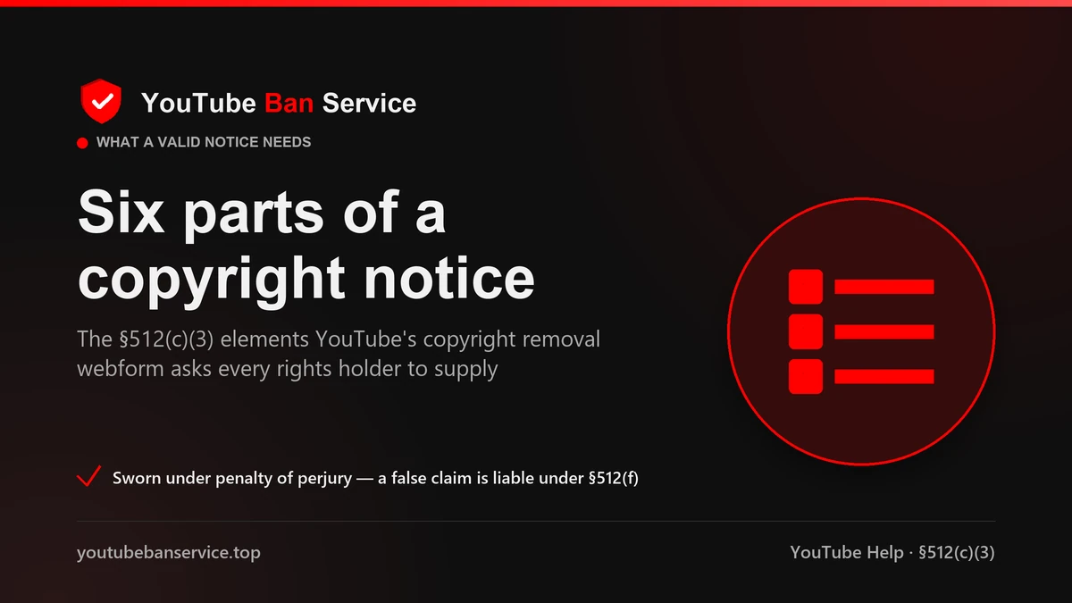 Six parts of a valid YouTube copyright takedown notice under 17 U.S.C. section 512(c)(3)