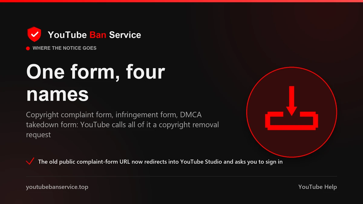 YouTube DMCA takedown, copyright complaint form and infringement form all name one copyright removal request