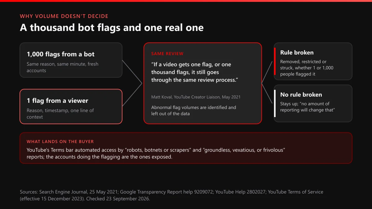 Mass reporting YouTube: 1,000 bot flags and one viewer flag enter the same review, and only a broken rule leads to removal