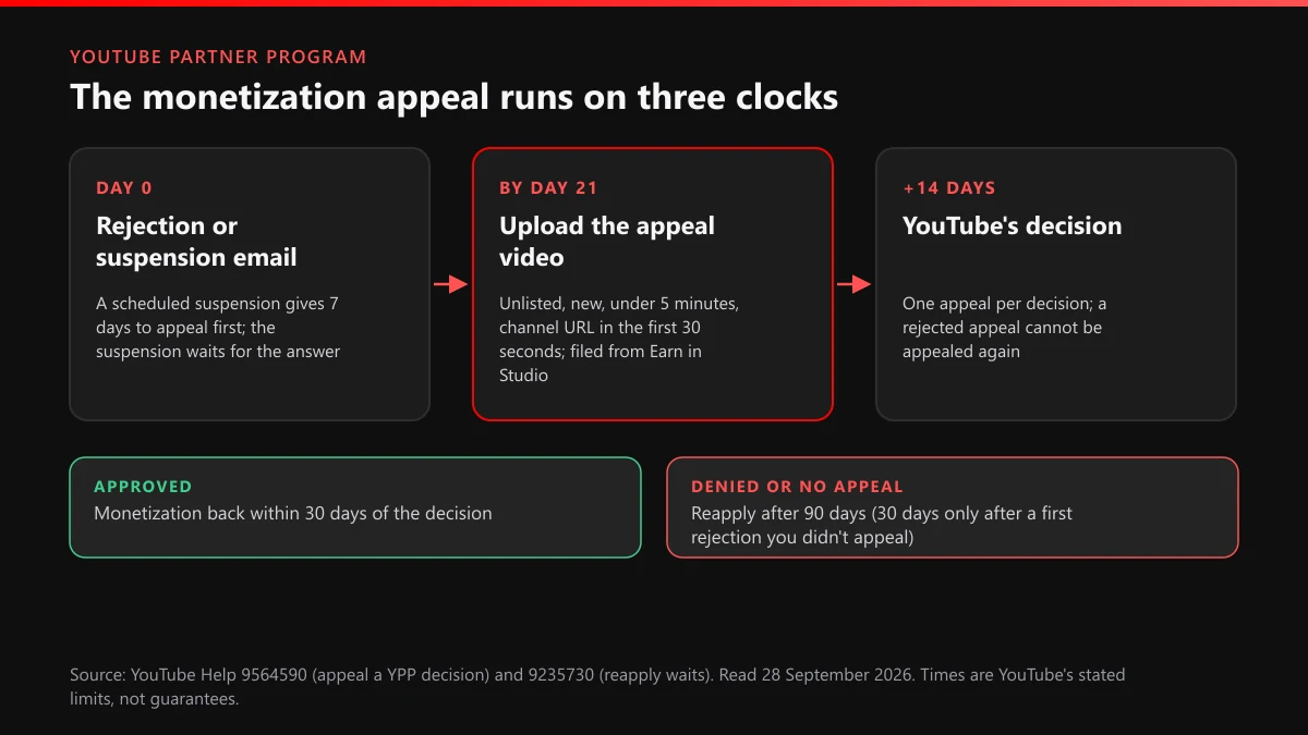 YouTube monetization appeal timeline: 21 days to file the video, 14 days to a decision, then 30 days back or a 90-day wait