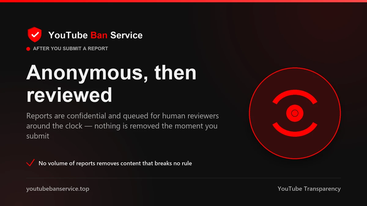 After you report a YouTube video: the flag is anonymous and queued for human reviewers, and nothing is removed the moment you submit