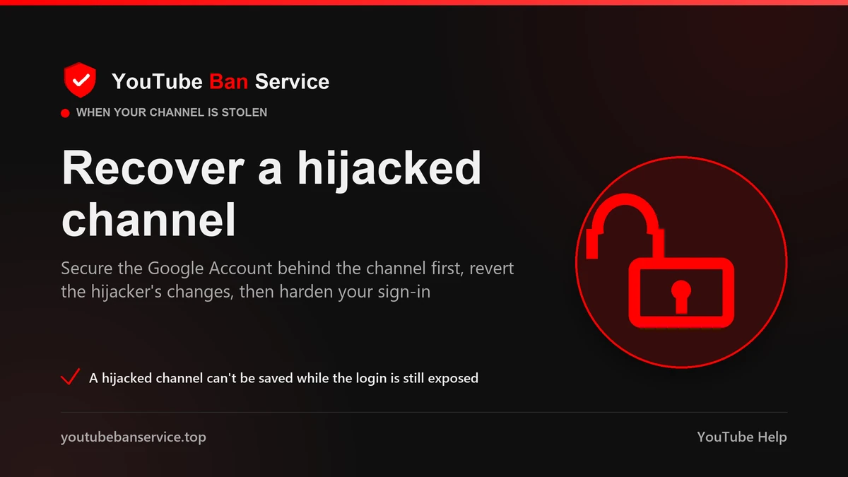 Report and recover a hijacked YouTube channel: secure the linked Google Account first, then revert the attacker's changes