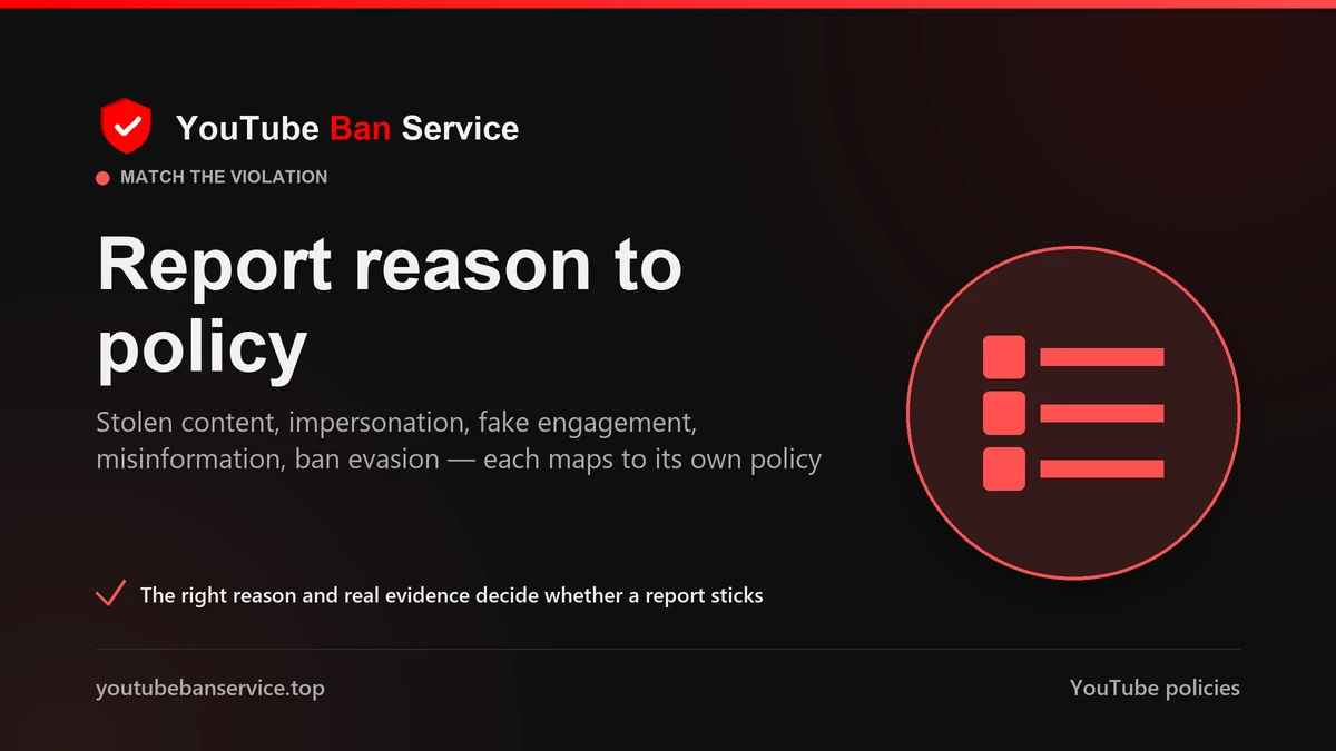 YouTube report reason to policy map: stolen content, impersonation, fake engagement, misinformation and ban evasion