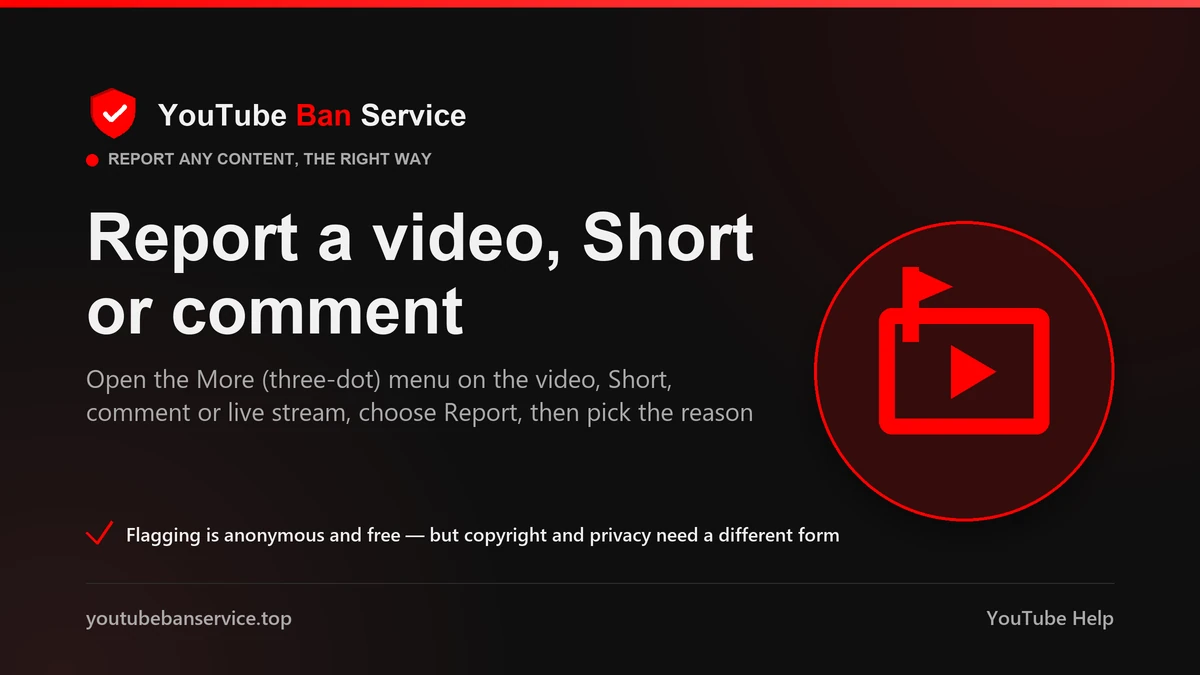 Report a YouTube video, Short or comment from the More menu, then pick the reason that matches the violation