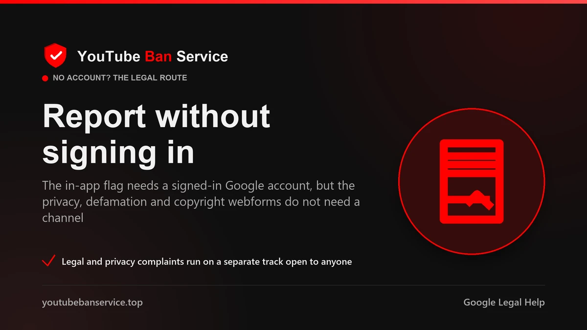 Report a YouTube video or channel without an account: the in-app flag needs sign-in, but the legal and privacy webforms don't need a channel
