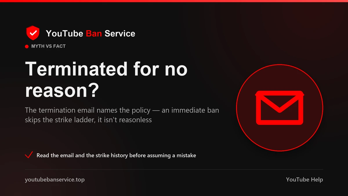 YouTube channel terminated for no reason: the termination email names the policy; an immediate ban skips the strike ladder