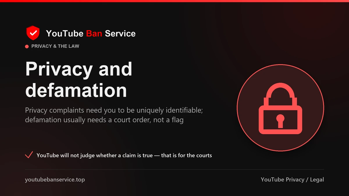 Reporting a YouTube video for privacy or defamation: privacy needs you to be uniquely identifiable, defamation usually needs a court order
