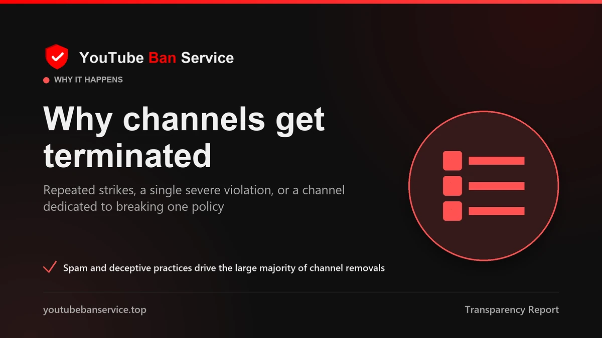 Why YouTube channels get terminated: repeated strikes, a single severe violation, or a channel dedicated to abuse
